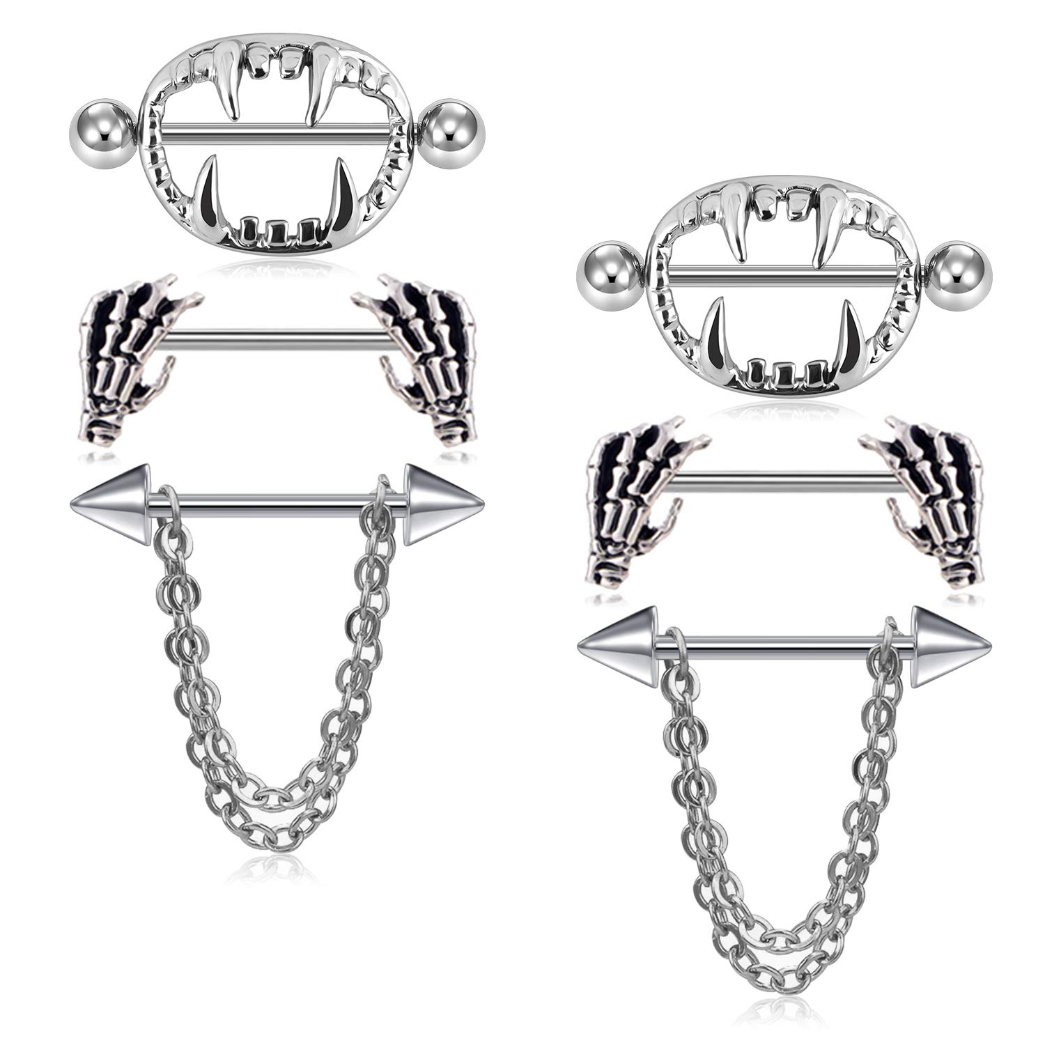 LAURITAMI 3 Pairs Nipple Ring Shield Surgical Steel 14G 16mm with Dangle Diamond Crystal Body Piercing Jewellery Punk Halloween