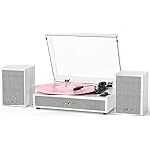 Vinyl Record Player with External Speakers, 3 Speed Vintage Belt Drive Turntable Record Player with Stereo Speakers RCA Audio Out and Aux-in, White Wood