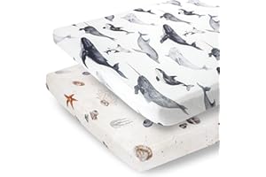 Pobibaby - 2 Pack Premium Pack N Play Sheets Fitted for Standard Pack and Plays and Mini Cribs - Ultra-Soft Jersey Knit, Stylish Ocean Pattern, Safe and Snug for Baby (Seaside)