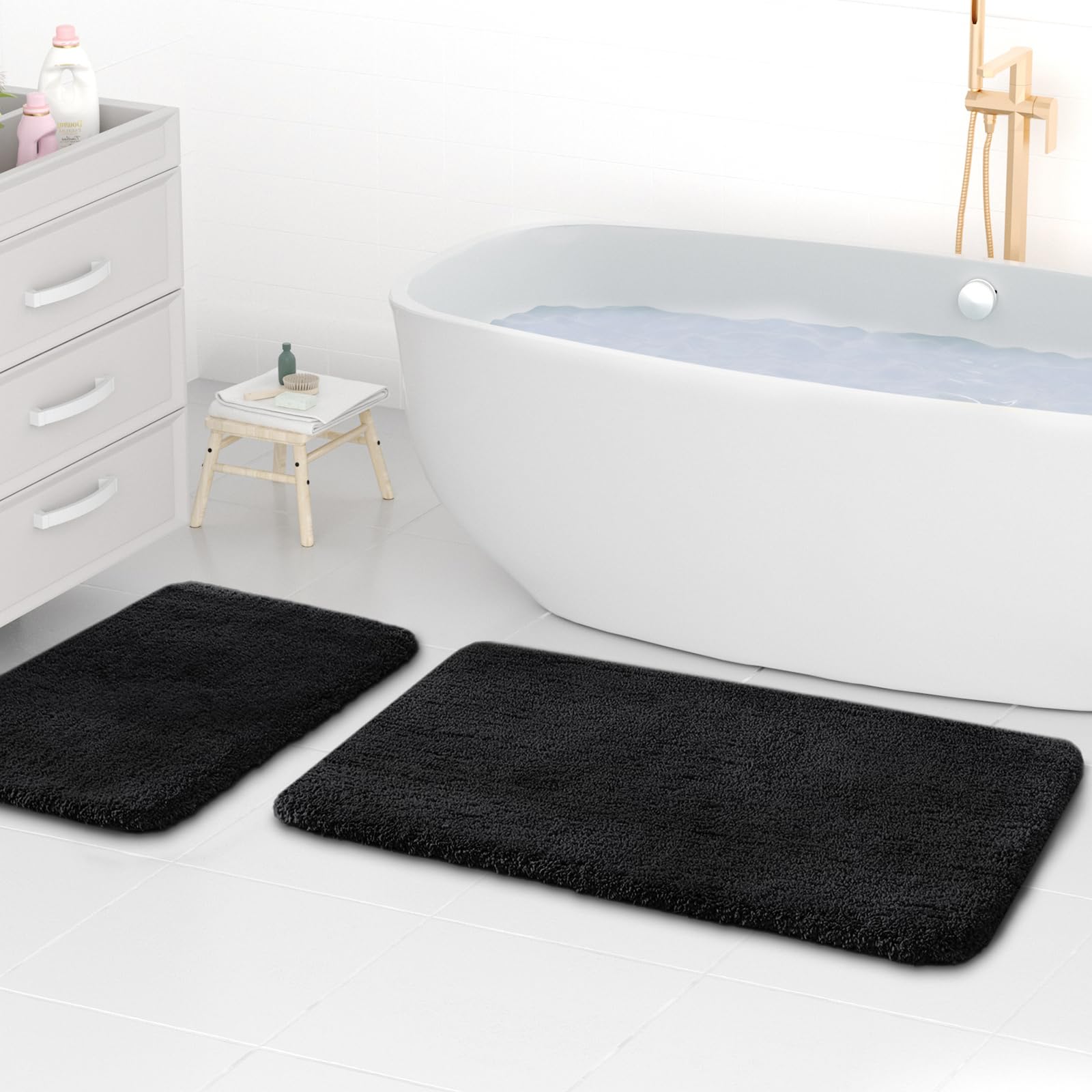 wyewye Microfibre Bath Mats, 2cm Super Thick Bath Rugs, Super Absorbent Bathroom Rugs 50x80cm and 40x60cm, Black