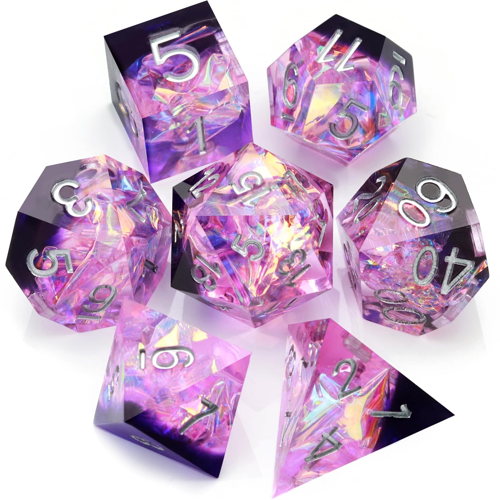 Haxtec Purple Galaxy Resin Polyhedral Dice Set with Case, 7pcs, 16mm, D&D, TTRPGs — image 1