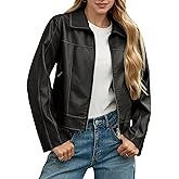 Yousify Womens Faux Leather Jacket Casual Zip Up Motorcycle Long Sleeve Collared Fall Cropped Coats with Pockets
