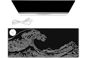 iCasso Heated Mouse Pad Hand Warmer, XL Heated Desk Pad, Electric Warm Desk Mat with 3 Heating Levels for Computer Keyboard, 31.5" x 13" Large Mousepad for Home Office Work (Black Wave of Kanagawa)