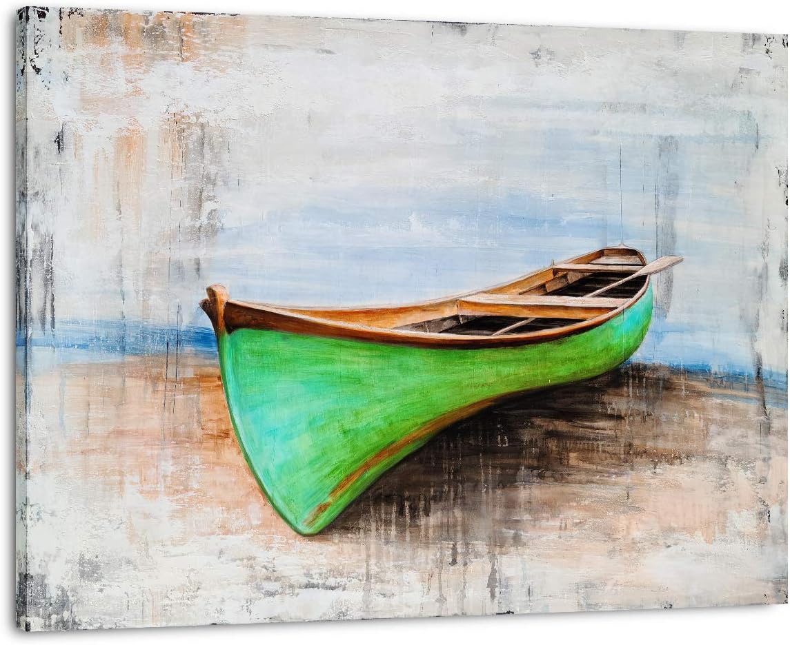Paintings - Yihui Arts Costal Canvas Wall Art - Green Boat Oil Painting - Modern Abstract Beach Pictures - Nautical Artwork for Bathroom Livingroom Bedroom Decor