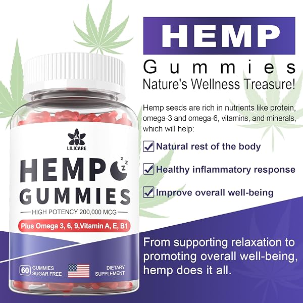 HEMPTOTALLY HEMP GUMMIES 200MG, HIGH POTENCY VEGAN HEMP OIL WITH OMEGA 3 6 9, VITAMIN A、E & B1, ZERO SUGAR, 60 GUMMIES, 30 SERVINGS