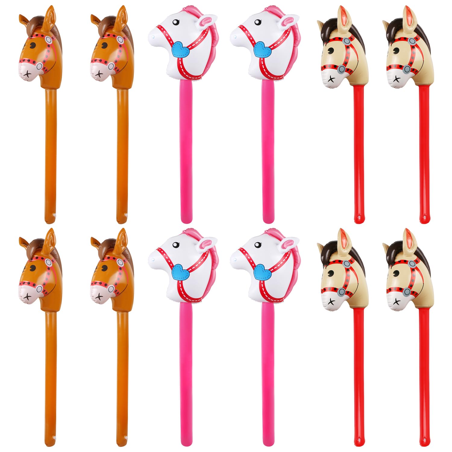 Photo 1 of 12PCS Inflatable Stick Horse,Blow Up Horse Head on Stick Pony Costume Western Cowboy Cowgirl Baby Shower Birthday Party Decorations Halloween Supplies Favors Props, 38 Inches (Multicolor)
