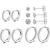 Dlihc Sterling Silver Hoop Earrings Sterling Silver Stud Earrings for Women 6 Pairs Hypoallergenic Tiny Cubic Zirconia Stud Set Cartilage Hoops