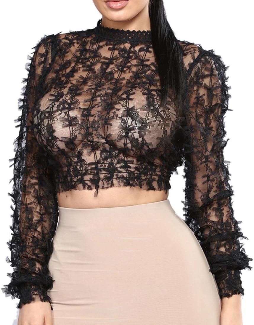 Minisoya Women Long Sleeve See Through Night Out Party Blouse Bowknot Crop Top Midriff T-Shirt Perspective Clubwear