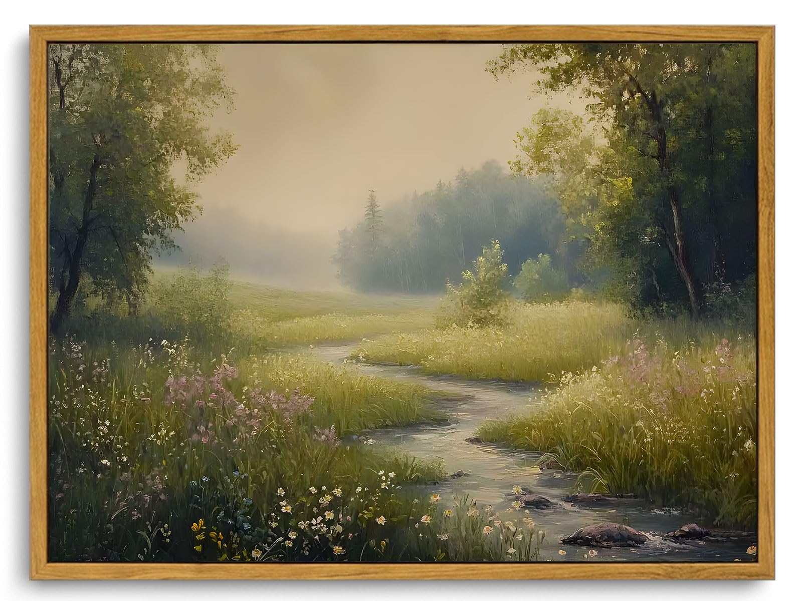 KISSFOX Vintage Landscape Canvas Wall Art Spring Nature Meadow Stream Wildflowers Tree Framed Wall Art Farmhouse Cottagecore Art Prints Artwork For Living Room Bedroom Kitchen