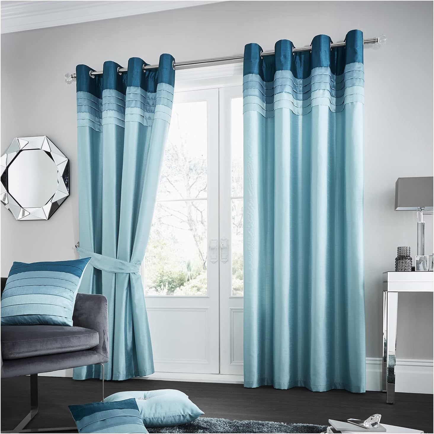 Gaveno Cavailia La Moda Eyelet Curtains Teal, 100% Polyester Luxury Ring Top Drapery with Matching Tie Backs, Two 66"x72" Glamorous Panels, Easy Care Window Treatment, 66x72 Inches