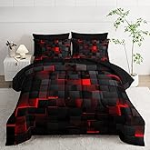 Nttopship Geometric Red Black Twin Comforter Set,Light Honeycomb Bedding Set 7 Piece in A Bag,Bed Sheet Set Geometry Decor,Microfiber Lightweight All Season