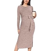 guruixu Crewneck Maternity Sweater Dress Rib Knit Long Sleeve Slit Pregnancy Dress Clothes with Belt