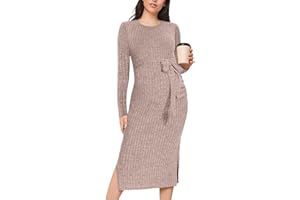 guruixu Crewneck Maternity Sweater Dress Rib Knit Long Sleeve Slit Pregnancy Dress Clothes with Belt