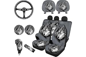 Wanyint Gray Wolf Print Car Seat Cover Split Covers Full Set of 11pc with Steering Wheel Cover+Headrest Cover+Cup Coasters+Handbrake Cover Gear Shift Cover for Men Women Easy to Install