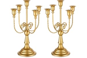 Romadedi Candelabra Gold Candle Holders - 5 Arm 11.8" Wedding Candlestick Holder for Theme Party Table Centerpiece Decor Dining Room Birthday Holiday Christmas, Set of 2