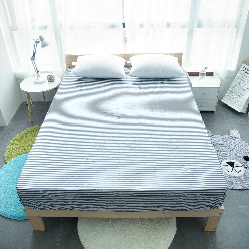 VM VOUGEMARKET Striped Fitted Sheet with 15" Deep Pocket (Without Pillowcases),100% Cotton Single Fitted Bottom Sheet Soft& Breathable-King,Stripe