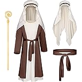 Irtysh Kids Biblical Saint Joseph Costume Jesus Robe Fancy Dress Sherherd Costume Staffs Headwrap Hat Waist Rope Set