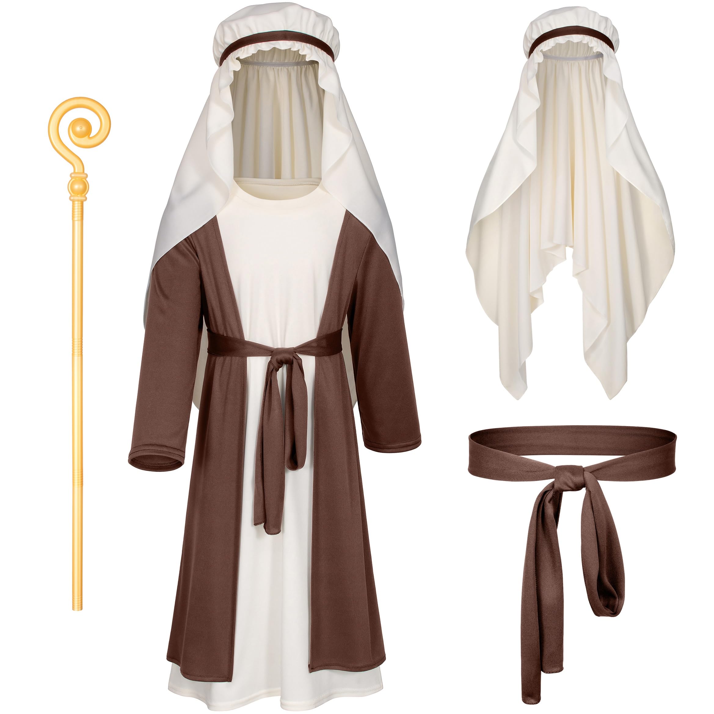 Photo 1 of Irtysh Kids Biblical Saint Joseph Costume Jesus Robe Fancy Dress Sherherd Costume Staffs Headwrap Hat Waist Rope Set(Brown 140)