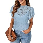 Rooscier Women's Lace Sheer Scallop Mock Neck Flounce Sleeve Back Keyhole Blouse Top Shirt Without Cami