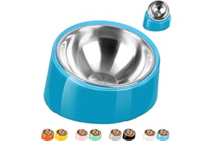 Petvillage Tilted Angle Dog Bowl, 15° Slanted Stainless Steel Dog Cat Food Bowl, Non-Slip & Non-Spill Pet Feeder with Elevated Detachable Melamine Stand,Easy to Get Food Dog Dish,L/2.5 Cup Blue