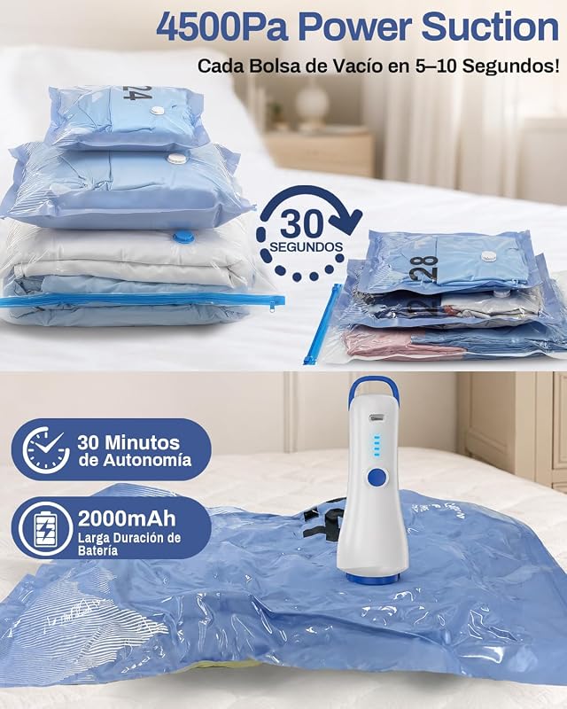 Paquete de 12 bolsas de almacenamiento al vacío (4 de 100 x 80 cm, 4 de 74 x 54 cm y 4 de 64 x 47 cm) con bomba eléctrica y doble cremallera, impermeables y herméticas.
