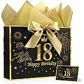 YoungTree 18th Birthday Gift Bag with Tissue Papers and 1 Greeting Card Ribbon,Portable Paper Gift Bags with Handles,Black Gold Present Bags for 18th Birthday Decorations Supplies 12.6" x 9.8" x 4.3"