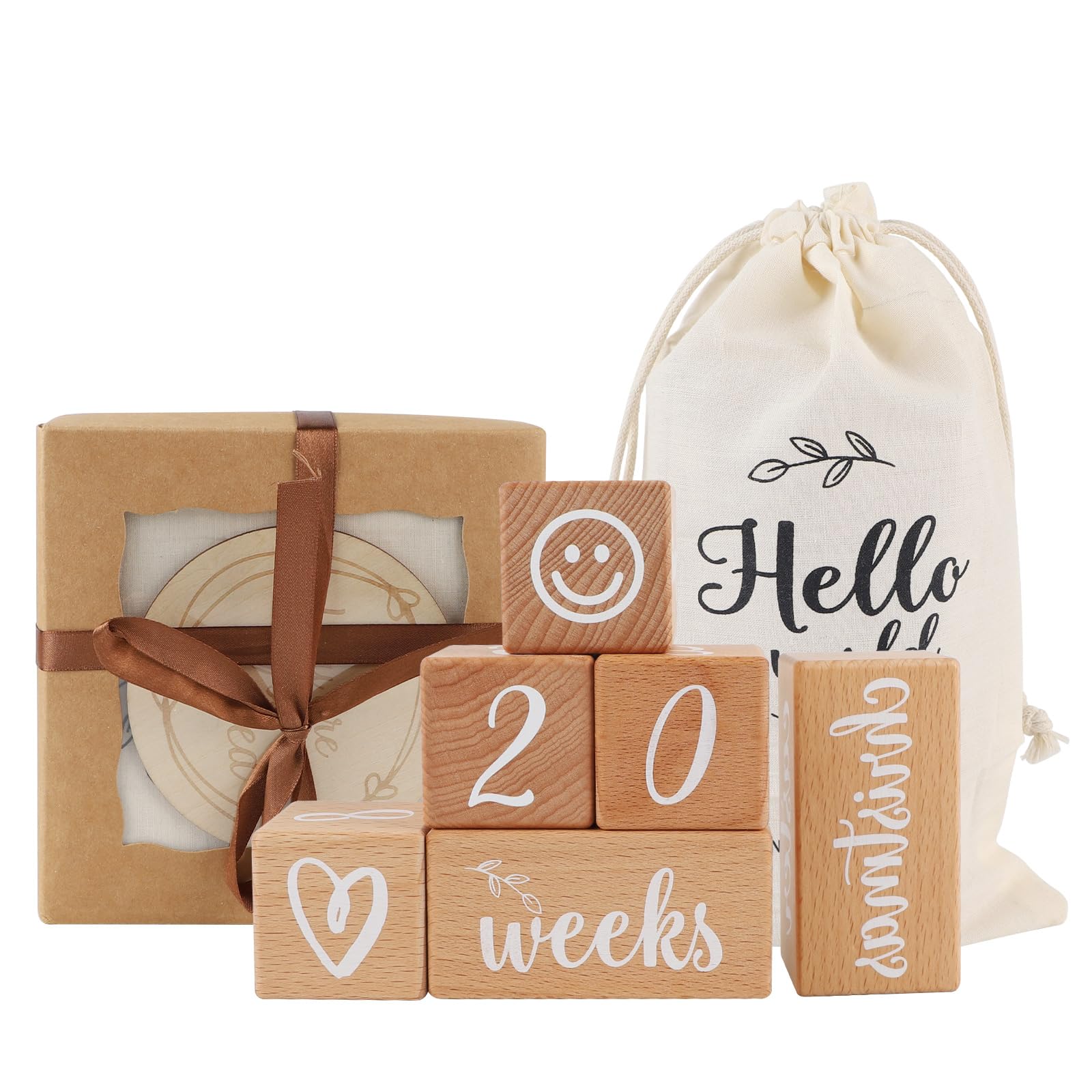 DBREAKS Baby Mileage Wooden Block, Baby Week Month Year Wooden Block, Baby Growth Recording, Newborn and Pregnancy Gift, Gift Box