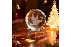 ZEERSHEE 60mm Glass Peace Dove Ball Laser Etched Dove with Olive Branch Crystal Pigeon Ornament with Stand Decor for Home Table