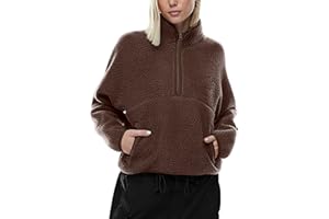 LASLULU Womens Half Zip Pullover Cropped Sweatshirts Sherpa Fleece Jacket Fuzzy Sweaters Cute Winter Jackets with Pockets