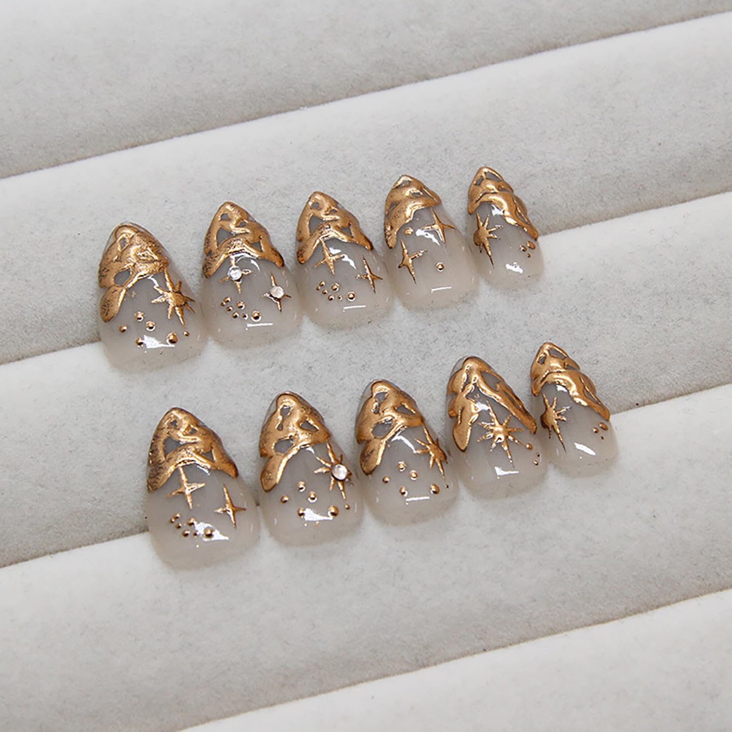 TBRZTR Gold French Tip Press on Nails - Medium Almond Shaped 3D Irregular False Nails With Stars Design Rhinestones - Acrylic Full Cover Coffin Nails - Reusable Glue on for Women 24Pcs - Image 3