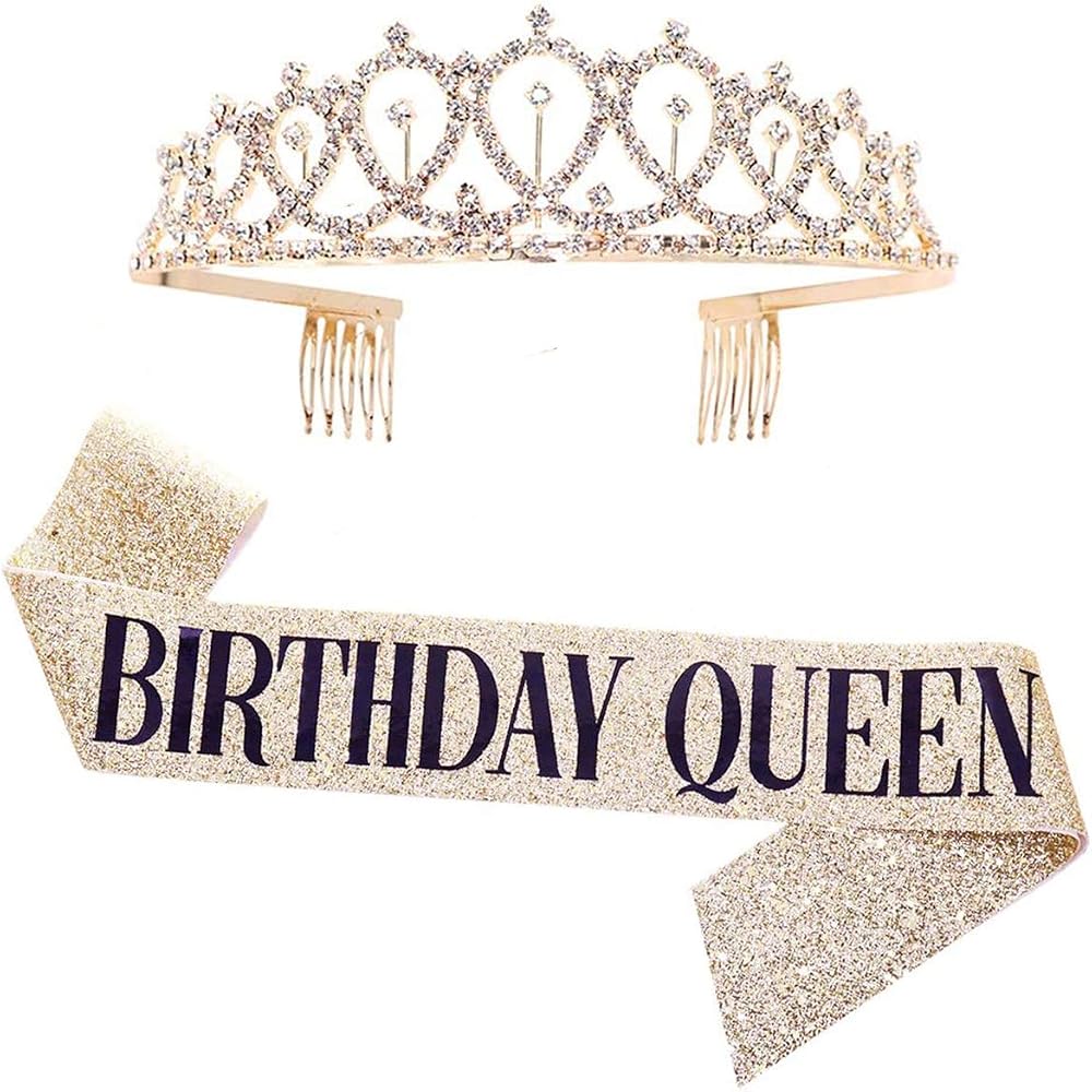 Leixi Queen Sash & Rhinestone Tiara Kit Gold Birthday Gift Set