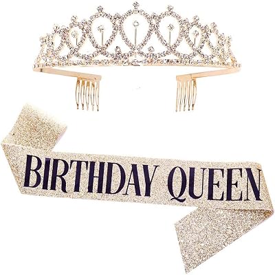 Leixi Queen Sash & Rhinestone Tiara Kit Gold Birthday Gift Set