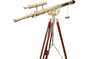 NAVIROCK Vintage Brass Telescope Nautical Shiny Brass Finish Latest Double Barrel Telescope Antique Floor Standing Adjustable Wooden Tripod Handicraft Marine Brown Leather