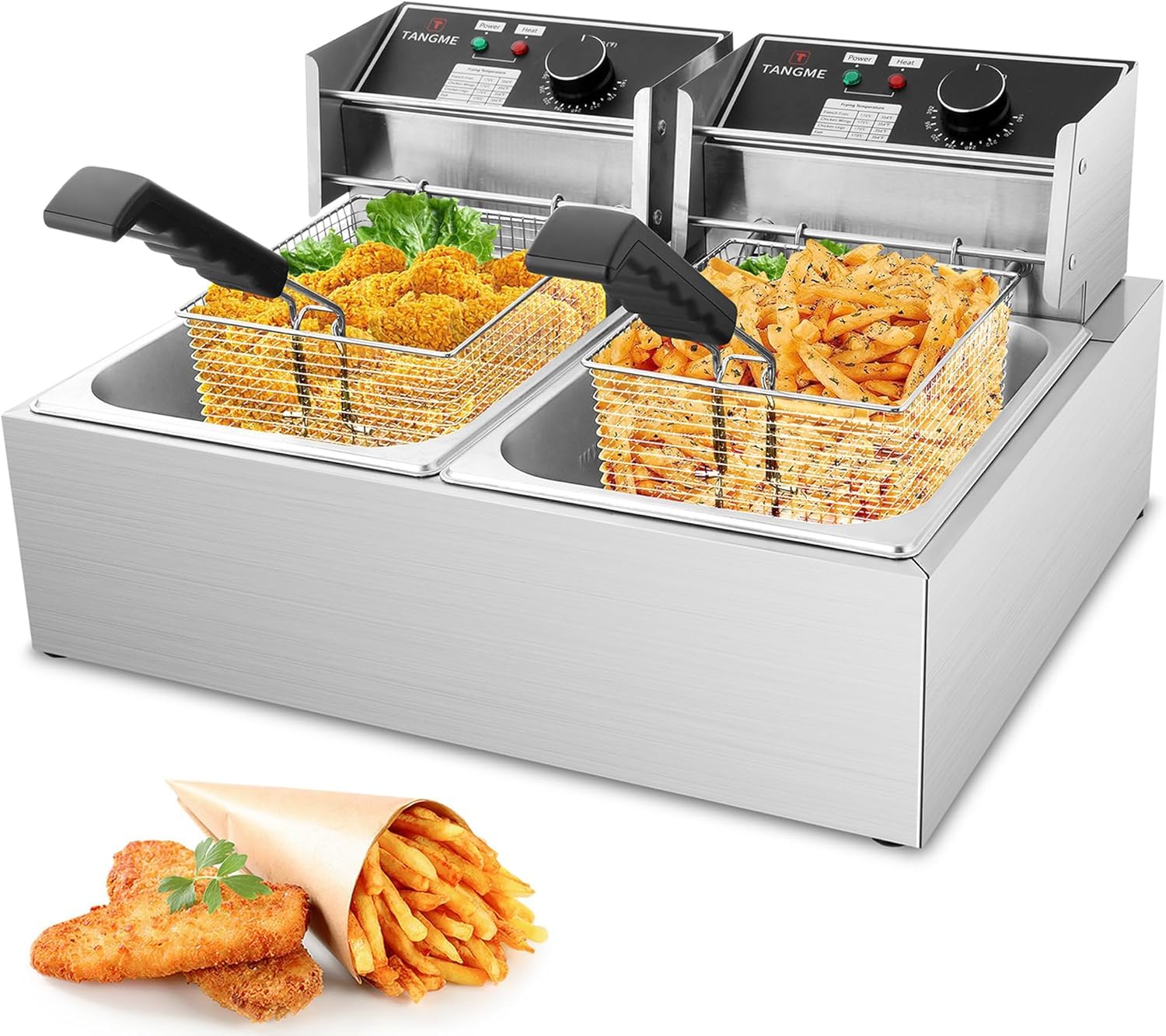 Commercial Deep Fryer - 3400W Electric Deep Fryers with 2x6.35QT Baskets 0.8mm Thickened Stainless Steel Countertop Oil Fryer 20.7QT Large Capacity with Temperature Limiter (12L)