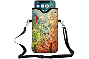 ZELANO Phone Sleeve for Men Women Neoprene Phone Bag Phone Pouch Case with Crossbody Strap/Neck Lanyard for iPhone 15/14, Samsung S24(Tree Bird Oil Painting)