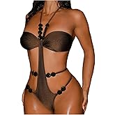 SweatyRocks Women's Cut Out One Piece Swimsuits Beaded Tie Backless Halter Bathing Suit Monokini