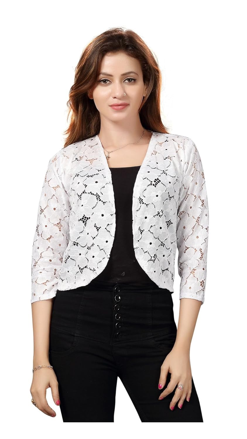 bfly women's netted stylish short shrug (white)