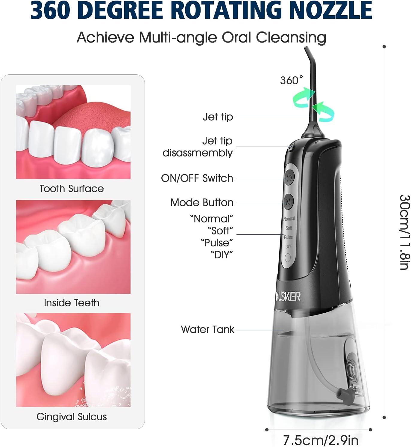 Water Flosser Cordless, KUSKER Portable Dental Oral Irrigator for Teeth, 4 Modes and 4 Jet Tips, IPX7 Waterproof, Rechargeable for 30-Days Use, Home, Travel, Braces, Bridges Care: Health & Personal Care