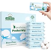 Dorahoney 100% Cotton Travel Wipes for Sensitive Skin, 99% Purified Water Hypoallergenic Mini Wet Wipes, Unscented Pocket Wipes Travel Essentials, 56 Count (8 Packs of 7)