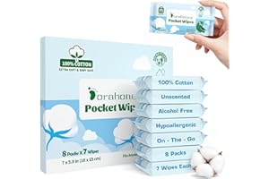 Dorahoney 100% Cotton Wet Wipes Travel Size, 99% Purified Water Mini Wipes, Hypoallergenic & Unscented for Sensitive Skin, 56