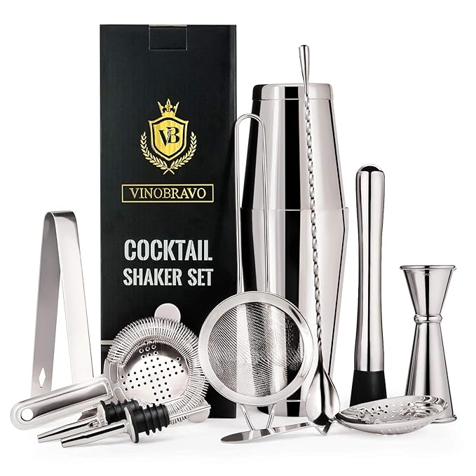 11-Teiliges Boston Cocktailshaker Bar Set von VinoBravo: 2 gewichtete Cocktail Shaker, Barsieb-Set, Doppeljigger, Barlöffel, 