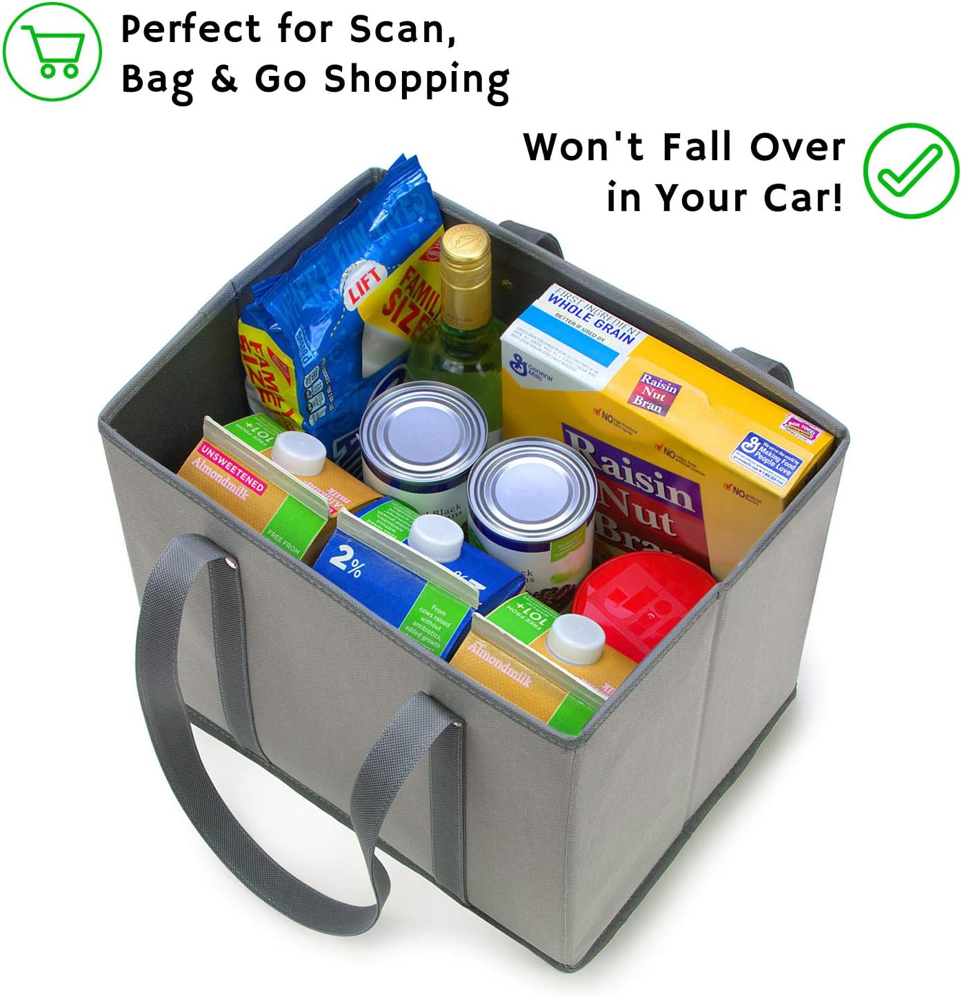 Reusable Grocery Shopping Box Bags (3 Pack Gray). Large, Premium