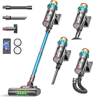 ElecKeys Akku Staubsauger 50000Pa/580W/70Min, Staubsauger Kabellos mit LED Display, 1,8L Akkustaubsauger mit Anti-Tangle-Bürste, Selbststehend für Tierhaare Teppiche Hartböden Auto, Blau, K10