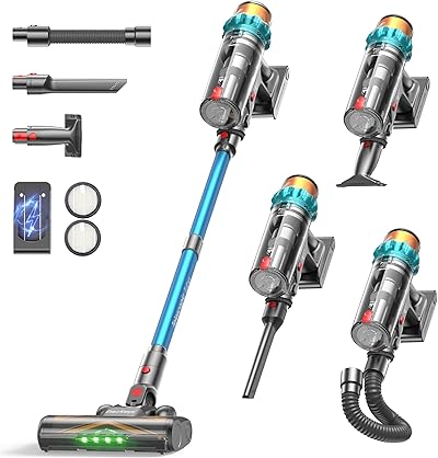 ElecKeys Akku Staubsauger 50000Pa/580W/70Min, Staubsauger Kabellos mit LED Display, 1,8L Akkustaubsauger mit Anti-Tangle-Bürste, Selbststehend für Tierhaare Teppiche Hartböden Auto, Blau, K10