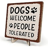 Dogs Welcome People Tolerated Wooden Plaque Sign - Dog Paws Pattern Desk Sign, Farmhouse Wood Plaque Tabletop Decor, Funny Pet Welcome Signs for Home Office Pet Shop,Dog Lover Gift 5.9x5.9 Inch