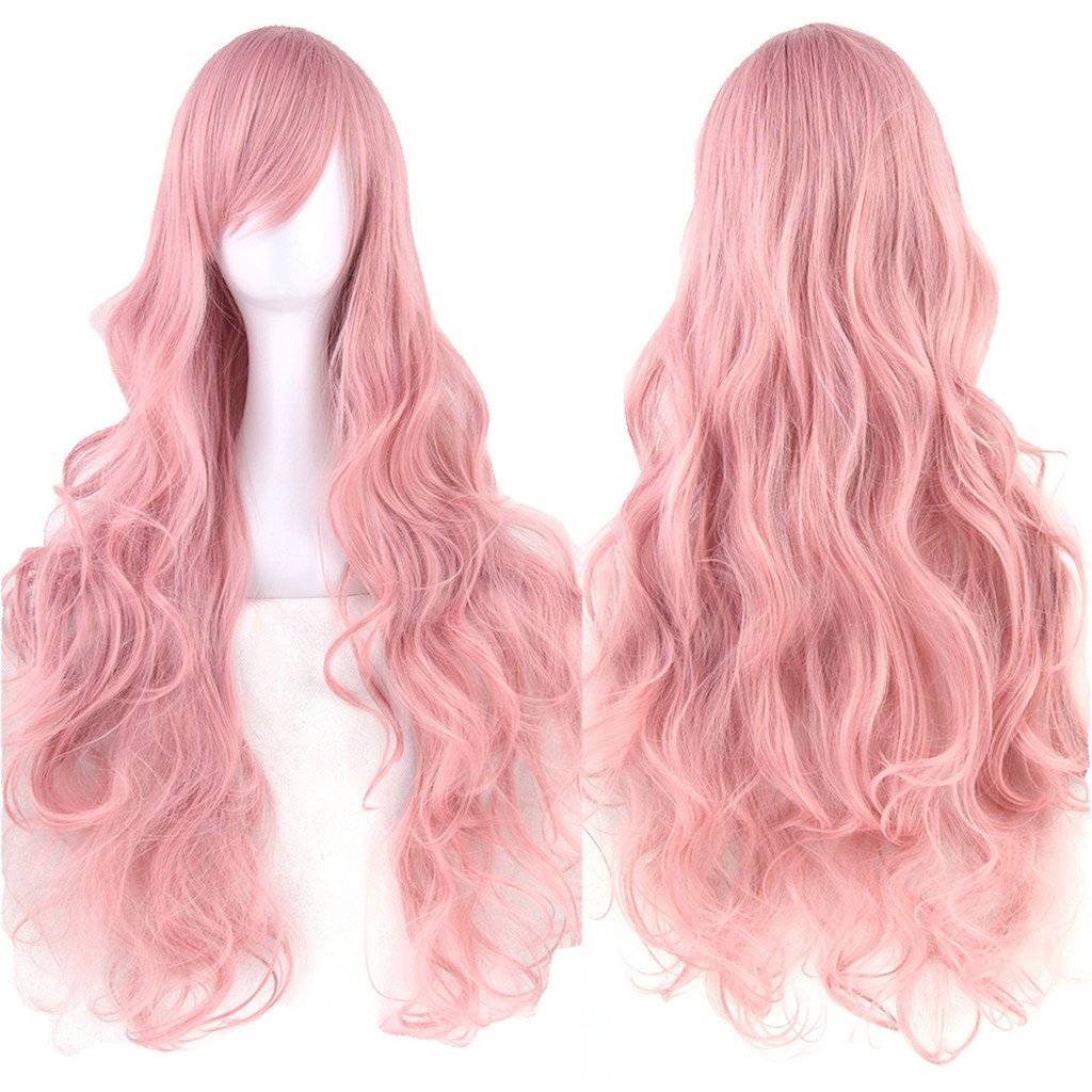 Fouriding 31" Smoke Pink Women's Long Curly Wave Cosplay Party Wigs Hairpieces Hair Cap Lolita Style Anime Wig