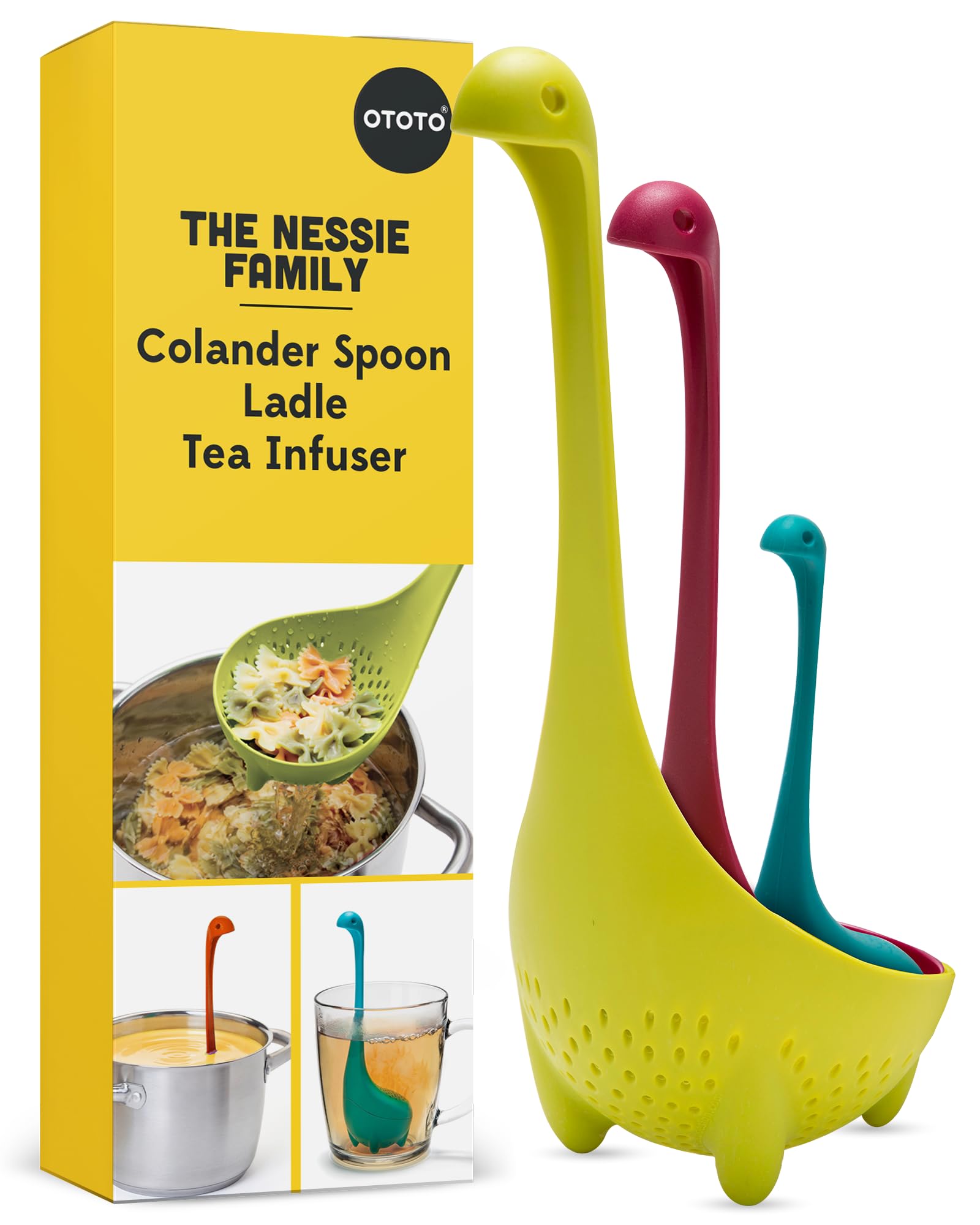 OTOTO The Nessie Family - Pack of 3 Tea Infuser, Soup Ladle, and Colander - Cute Kitchen Accessories, Cooking Gifts, Funny Kitchen Gadgets