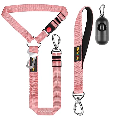 Dog Seat Belt Harness for Car, Reflective Short Leash, Heavy Duty 15 Inch Leash with Padded Handle & Locking Carabiner Clip, Pink