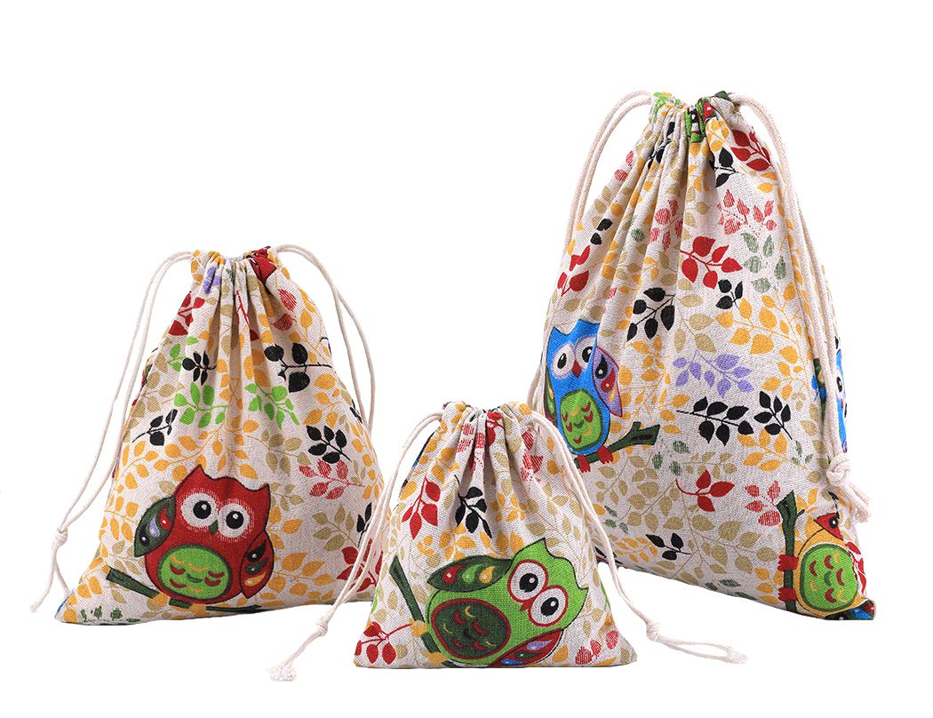 Amoyie 3 pcs Drawstring Storage Bags Set for Cosmetic Kid Stuff Travel Accessories Owl