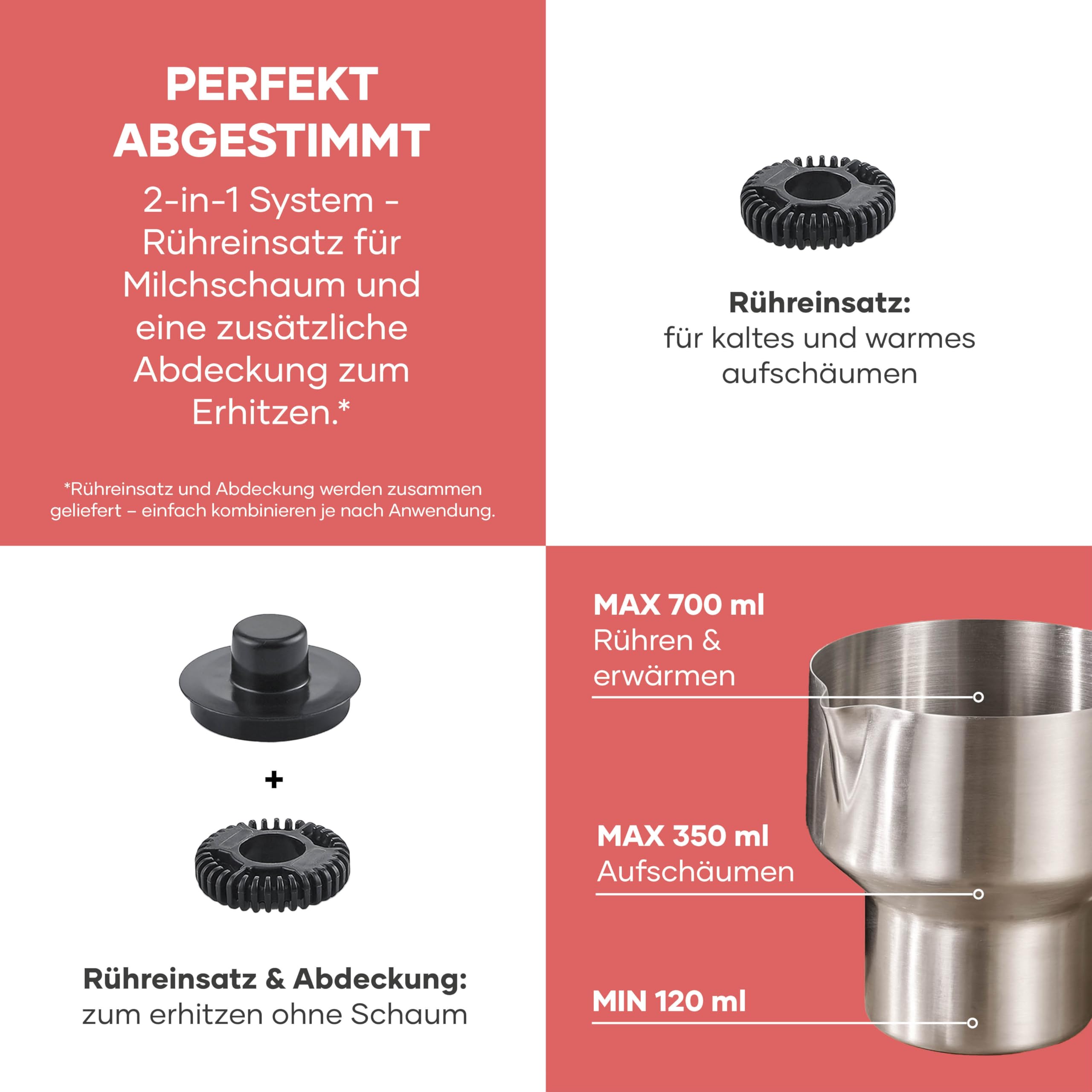 SEVERIN SPUMA 700 Induktions-Milchaufschäumer, elektrischer Milchaufschäumer ohne Anbrennen, spülmaschinengeeigneter Milchschäumer, Edelstahl-gebürstet/schwarz-matt, SM 3586 8